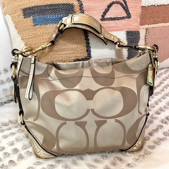 Coach Handbags - Coach 13008 Carly Signature W/Gold Leather Trim Khaki Sateen Canvas Hobo Bag